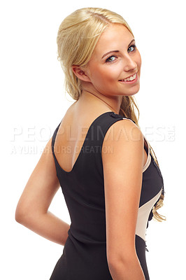 Buy stock photo Portrait, fashion and smile of woman in studio isolated on a white background. Face, model and happy blonde person or young girl in trendy clothes, outfit or stylish dress on a backdrop in Germany