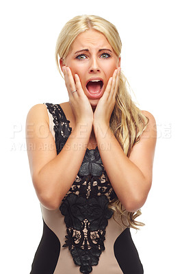 Buy stock photo Portrait, surprise and fear with woman, shocked and afraid isolated on white studio background. Face, person or model with emoji or reaction with anxiety and scared with panic attack or emotional