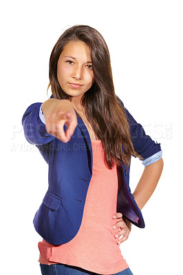 Buy stock photo Portrait, fashion and pointing to vote with woman in studio isolated on white background for selection. Feedback, review or decision and confident young person choosing you with emoji hand gesture