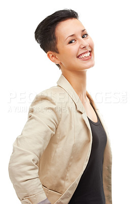 Buy stock photo Portrait, smile and business woman with confidence in studio for job, career and isolated on a white background. Face, professional and happy entrepreneur, employee or consultant working in Spain