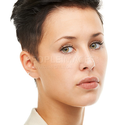 Buy stock photo Face, girl and confident in studio with skincare in white background for woman, wellness and natural glow. Female person, cosmetic and satisfied for results with healthy and smooth look for self care