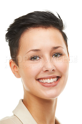 Buy stock photo Portrait, short hair and woman with smile or skincare in white background for shine, wellness and natural glow. Happy, model or person in studio with healthy cosmetics or hairstyle results for beauty