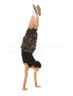 Buy stock photo Teenager, acrobat and studio fashion handstand, casual and cool isolated on white background. Street, style and dance movement for strength, breakdance with edgy hip hop gymnast in trendy exercise 