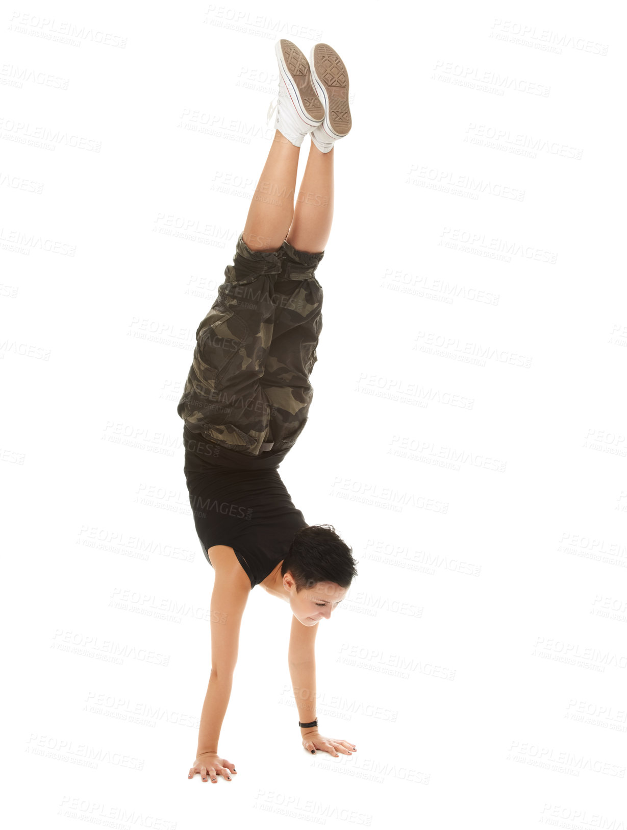 Buy stock photo Teenager, acrobat and studio fashion handstand, casual and cool isolated on white background. Street, style and dance movement for strength, breakdance with edgy hip hop gymnast in trendy exercise 