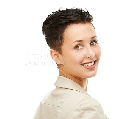 Buy stock photo Portrait, short hair and happy woman with beauty or skincare in white background for shine. Wellness, natural model or person in studio with healthy glow, smile or hairstyle results for confidence