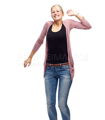 Buy stock photo Portrait, smile and woman with celebration, excited and emoji isolated on white studio background. Person, model or winner with victory and prize with omg and wow with reaction, joyful or cheerful