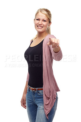 Buy stock photo Fashion, woman and choice with smile in studio on white background, casual clothes and trendy outfit. Female person, pointing finger and happy with style for confidence, elegant and stylish jeans.