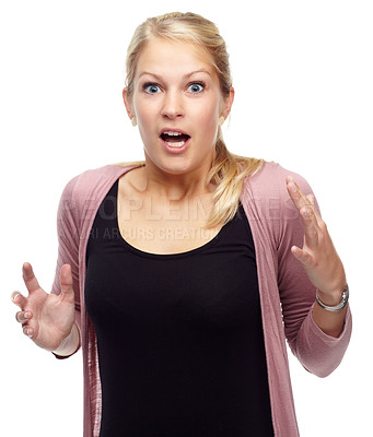 Buy stock photo Portrait, surprise and shocked with woman, reaction and person isolated on white studio background. Face, emoji and  female model with expression or girl with news or wow with announcement or omg