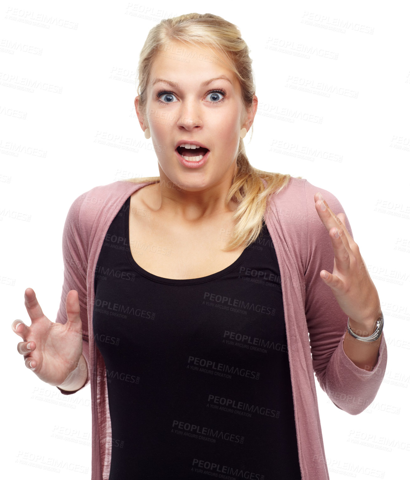 Buy stock photo Portrait, surprise and shocked with woman, reaction and person isolated on white studio background. Face, emoji and  female model with expression or girl with news or wow with announcement or omg