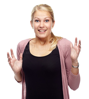 Buy stock photo Woman, portrait and excitement for surprise in studio for announcement or news, amazed and wow reaction. Female person, isolated and white background with shock, omg and mind blown with smile for joy