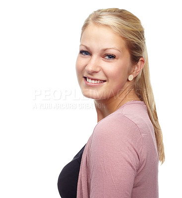 Buy stock photo Face, fashion and woman with smile in studio on white background, casual clothes and trendy outfit. Female person, happy and satisfied with style for confidence, elegant and stylish with class.