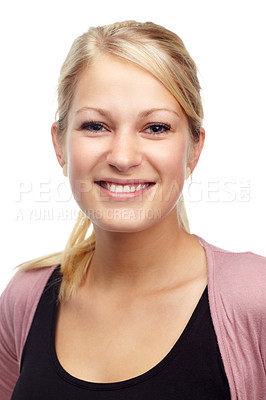 Buy stock photo Studio portrait of a beautiful young smiling woman isolated on white