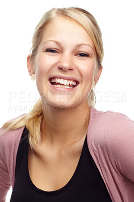 Buy stock photo Woman, portrait and laughing for comedy in studio, funny joke and having fun on white background. Happy female person, positive attitude and smile on face, goofy comic and positive for enjoyment