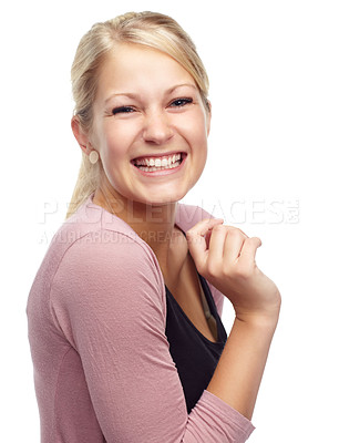 Buy stock photo Woman, portrait and laughing for fun in studio, funny joke and happiness on white background. Female person, comedy and smile for satisfaction or humor, comic and positive attitude for enjoyment