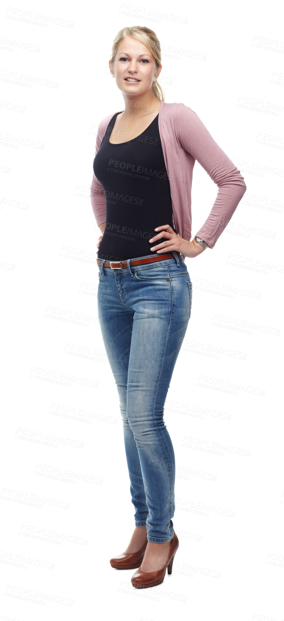 Buy stock photo Woman, portrait and confident for clothes in studio, casual aesthetic and attitude on white background. Female person, full body and fashion on mockup space, designer and pride for style or trend