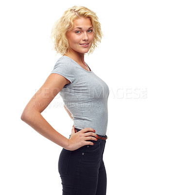 Buy stock photo Woman, portrait and student for confidence in studio, casual aesthetic and clothes on white background. Happy female person, cool and fashion on mockup space, designer and pride for style or trend