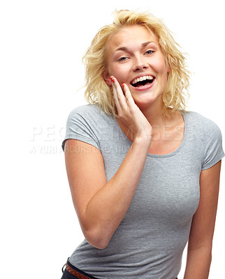 Buy stock photo Excited, portrait and woman in studio with surprise for discount, deal or success on white background. Female person, smile and hand on face with shocked expression for happiness, sale or achievement
