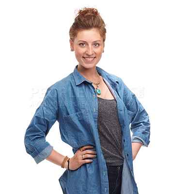 Buy stock photo Portrait, fashion and smile of confident woman in studio isolated on a white background. Proud, model and happy person or young girl in trendy clothes with stylish denim on a backdrop in Germany