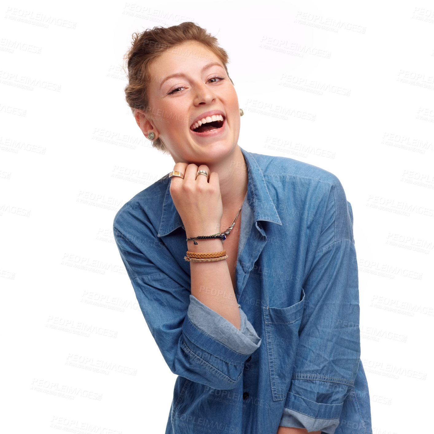 Buy stock photo Woman, portrait and laughing for humor in studio, funny joke and having fun on white background. Happy female person, comedy and smile on mockup space, goofy comic and positive for enjoyment or face
