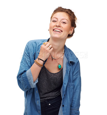 Buy stock photo Model, fashion and jewellery with denim, portrait and smile with accessories and student. Woman, happiness and face for joy, confidence or positivity with style isolated on white background in studio