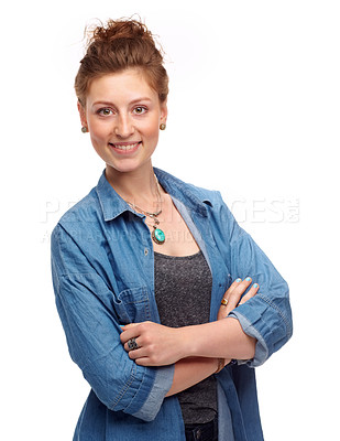 Buy stock photo Portrait, fashion and arms crossed with a woman in studio isolated on a white background for contemporary style. Smile, clothes and confident with a happy young female hipster in a denim jacket