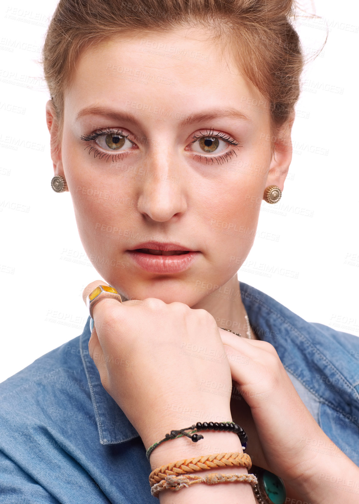 Buy stock photo Woman, fashion and accessories with denim, jacket and proud with jewellery and portrait. Model, aesthetic and face for style, confidence and positivity isolated on white background in studio