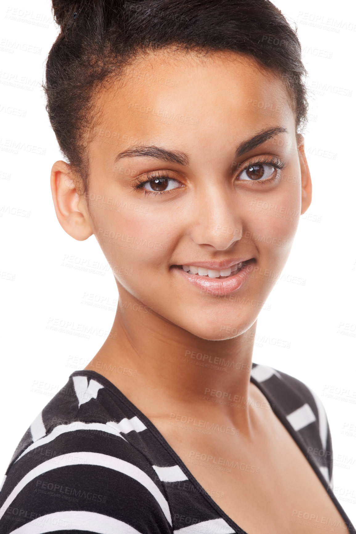 Buy stock photo Portrait, teenager and girl in studio with skincare in white background for shine, wellness and natural glow. Happy, model and woman with smile with healthy cosmetics or smooth results for beauty