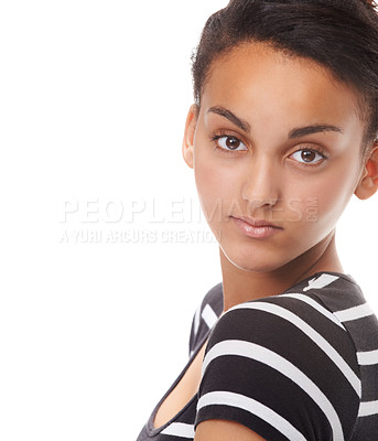 Buy stock photo Portrait, teenager or model with beauty or skincare in white background for shine, wellness or natural glow. Brazil, studio or face of woman with pride with dermatology or smooth results for health