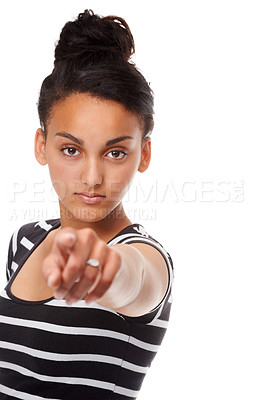 Buy stock photo Studio, portrait or student for pointing to selection, choice or decision of prize by white background. Egypt teenager, face or hand gesture for promotion on education offer or scholarship for child