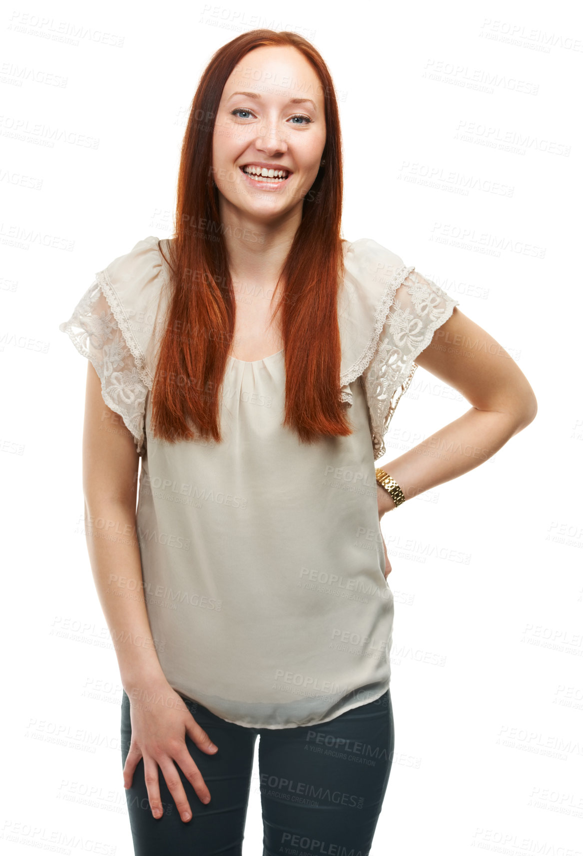Buy stock photo Studio, portrait and woman with casual fashion or trendy style, shine and wellness by white background. French person, positive face or professional in funky clothes or creative career in journalism