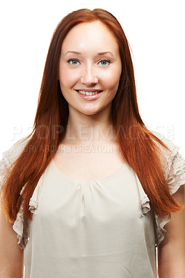 Buy stock photo Hair care, ginger and portrait of happy woman with beauty in white background for a red shine. Wellness, natural model or person in studio with healthy glow, smile or hairstyle results for confidence
