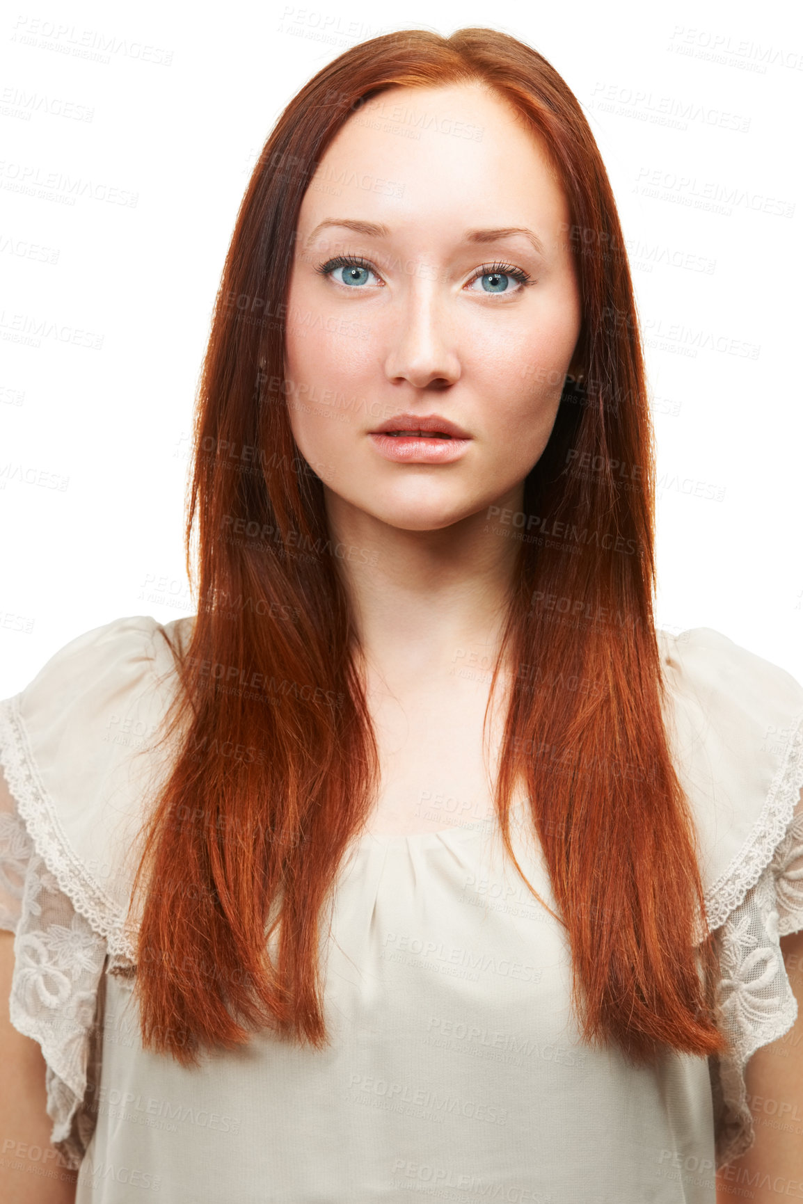 Buy stock photo Hair care, ginger or portrait of model with beauty in white background for a natural shine. Face, redhead woman and person in studio with healthy glow, texture or hairstyle results for confidence