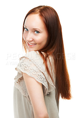 Buy stock photo Studio, woman and portrait in casual fashion or trendy style, positive and wellness by white background. French person, happy face or professional in funky clothes or ambition in career as journalist