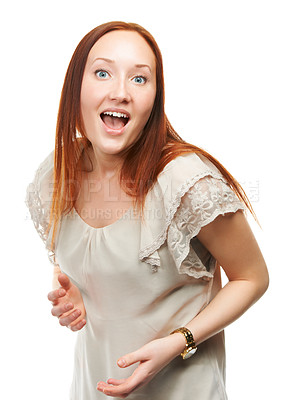 Buy stock photo Excited, portrait and woman in studio with shock for surprise, deal or discount on white background. Female person, happy and face with wow expression for excitement, sale or achievement with smile