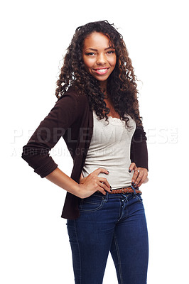 Buy stock photo Portrait, fashion and smile with trendy black woman in studio isolated on white background for style. Model, happy or attitude with confident young gen z person in relaxed or casual clothing outfit