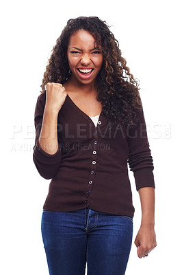 Buy stock photo Portrait, fashion and success with fist of black woman in studio isolated on white background for victory. Achievement, celebration and cheering with confident young person in trendy outfit as winner