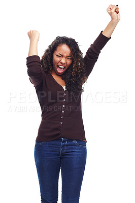 Buy stock photo Shouting, smile and woman with celebration, excited and emoji isolated on white studio background. Person, model and winner with victory and prize with expression and girl with wow, omg or cheerful