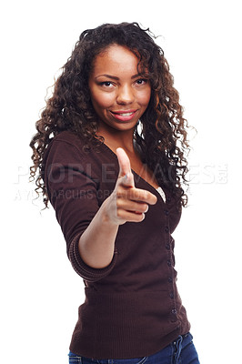 Buy stock photo Portrait, fashion and pointing at you with black woman in studio isolated on white background for decision. Smile, vote and finger with hand gesture of happy young model for choice or option