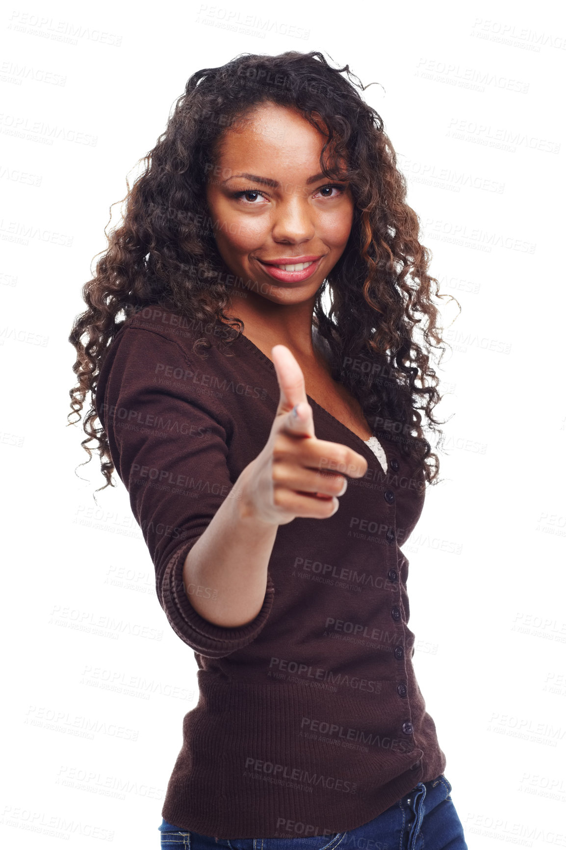 Buy stock photo Portrait, fashion and pointing at you with black woman in studio isolated on white background for decision. Smile, vote and finger with hand gesture of happy young model for choice or option