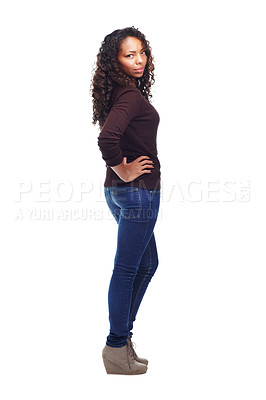 Buy stock photo Black woman, portrait and confident for clothes in studio, aesthetic and attitude on white background. Female person, full body and fashion on mockup space, designer and pride for style or trend