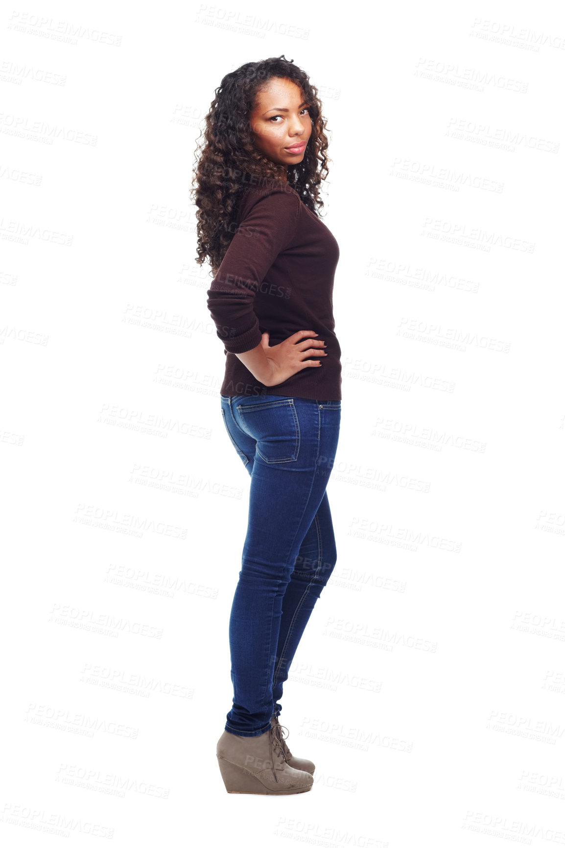 Buy stock photo Black woman, portrait and confident for clothes in studio, aesthetic and attitude on white background. Female person, full body and fashion on mockup space, designer and pride for style or trend