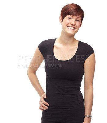 Buy stock photo Portrait, confidence and smile of woman in studio for fashion in trendy outfit isolated on white background mockup space. Face, happy and model, person or ginger girl in casual clothes in Switzerland