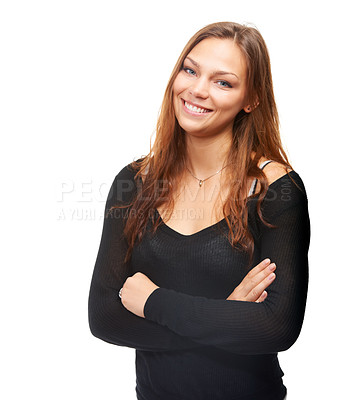 Buy stock photo Portrait, fashion and smile with woman arms crossed in studio isolated on white background for casual style. Model, clothes and confident with happy young gen z person in trendy clothing outfit