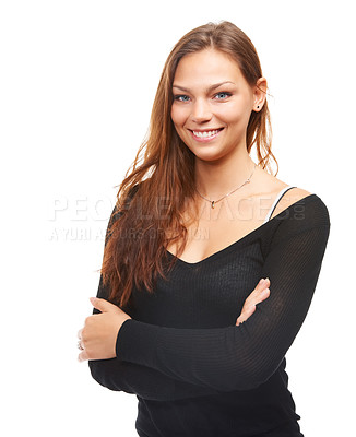 Buy stock photo Girl, studio and portrait with smile and confident with arms crossed with stylish clothes for fashion or trendy look. Female person, isolated and white background with classy outfit for casual wear