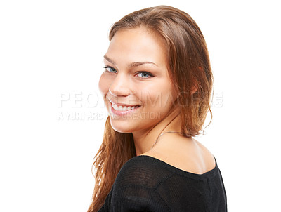 Buy stock photo Portrait, smile and beauty of woman in studio isolated on a white background mockup space. Face, model and a happy young person with natural skin, hair and casual fashion on a backdrop in Ireland