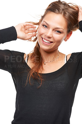 Buy stock photo Portrait, confidence and beauty of happy woman in studio isolated on a white background. Face, model and young person with a smile, hair and casual clothes for trendy fashion on a backdrop in Ireland