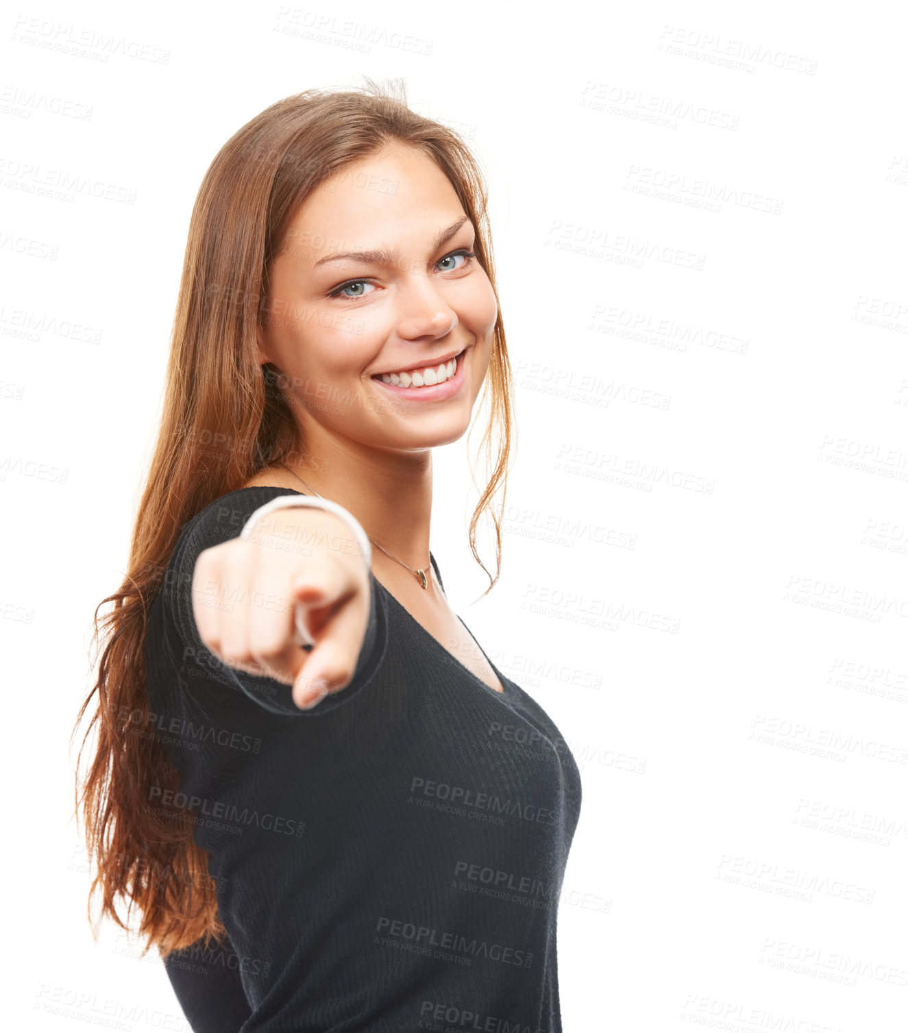 Buy stock photo Woman, portrait and point with vote in studio with smile for opportunity, choice or winner. Female person, face and hand with gesture for motivation, encourage or decision on white background