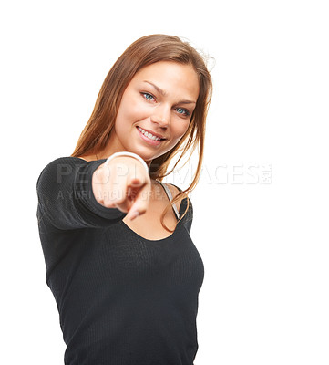 Buy stock photo Studio, portrait and woman with point for decision, opportunity and vote for you with smile. Female person, face and hand with gesture for motivation, encourage and choice on white background