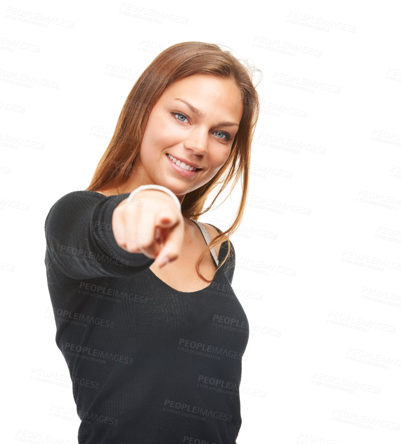 Buy stock photo Studio, portrait and woman with point for decision, opportunity and vote for you with smile. Female person, face and hand with gesture for motivation, encourage and choice on white background