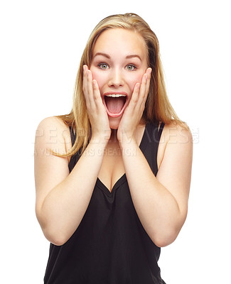 Buy stock photo Wow, woman and portrait in studio with news of announcement, surprise and discount deal with wtf expression. Person, face and surprised with giveaway winning lotto and sale offer on white background
